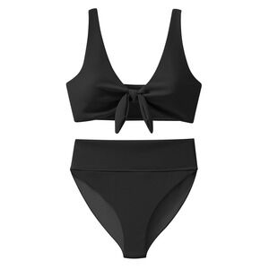 NWT ANRABESS Black Ribbed Bikini Set High Waisted Tie Knot Small
